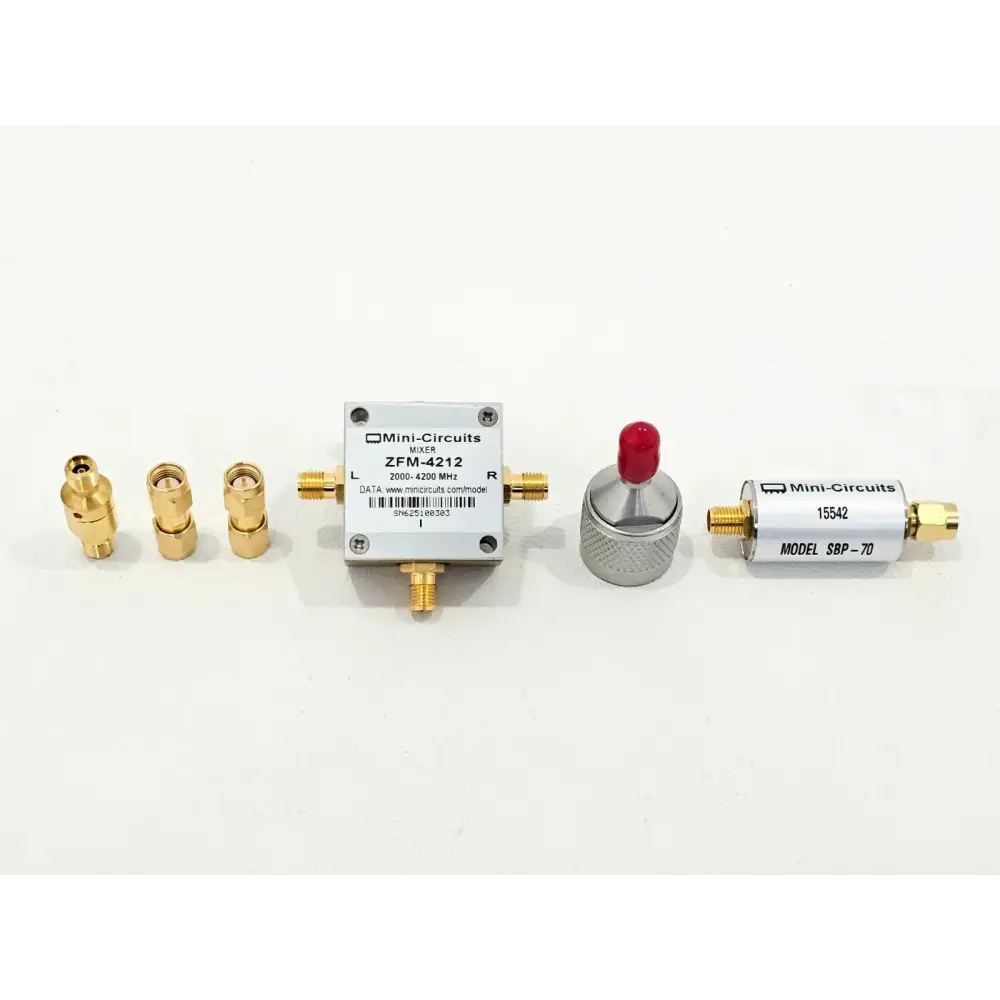 Keysight Agilent N4002A accessories: Mini-Circuits ZFM-4212 mixer, SBP-70 filter, SMA adapters, attenuator