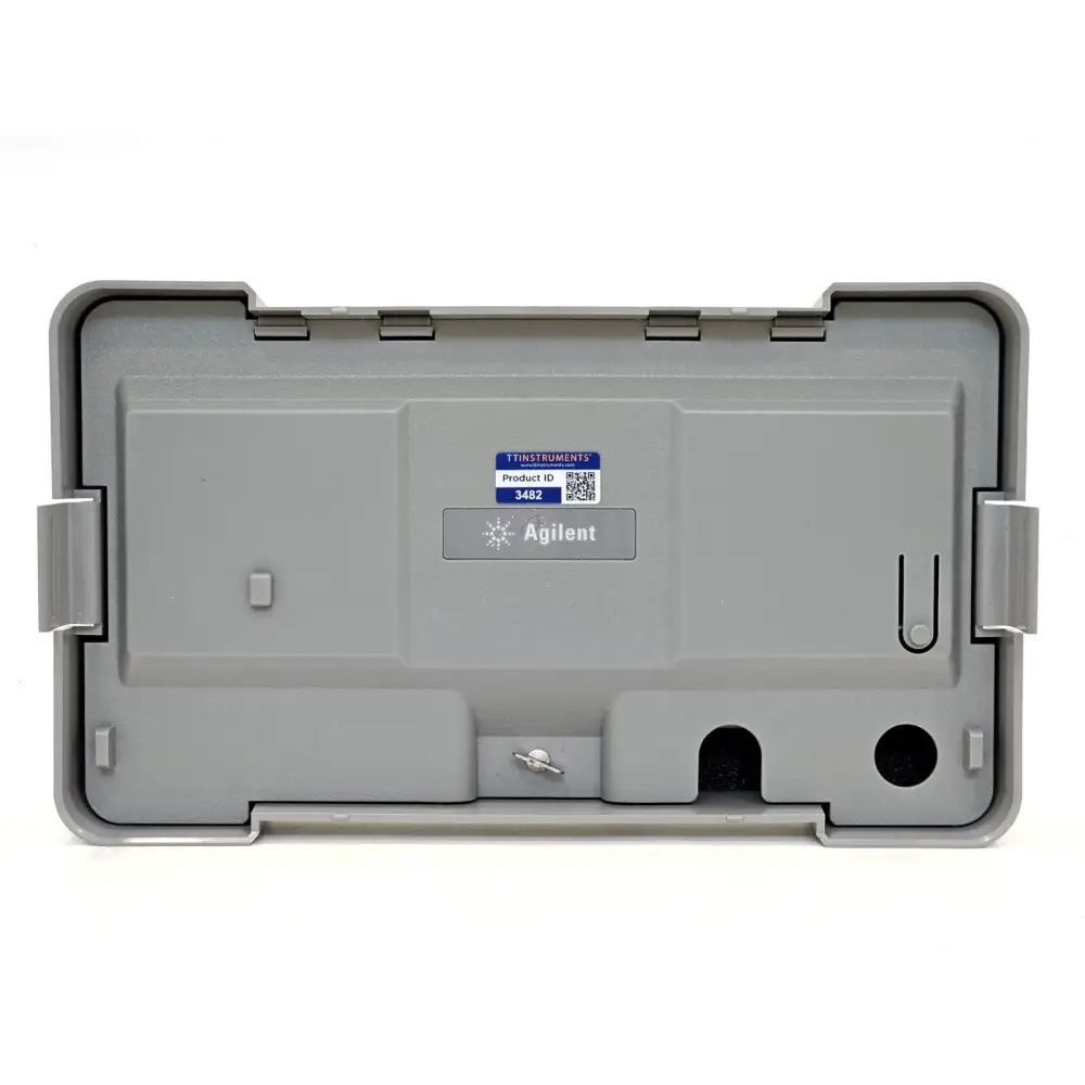 Agilent-branded grey carry case rear view with TT Instruments product ID label 3482 and QR code