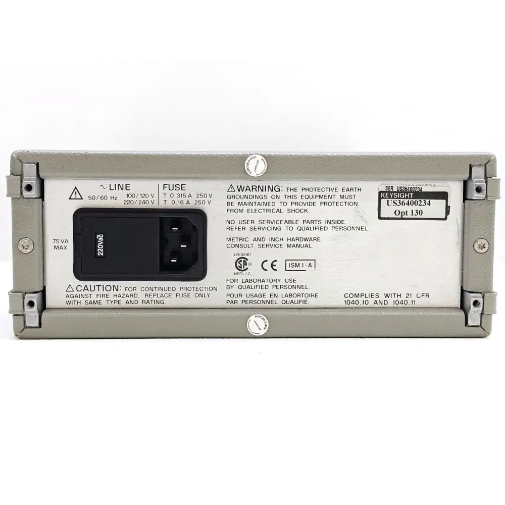 Agilent 83430A Lightwave Transmitter rear panel showing IEC power inlet, fuse ratings, Option 130 label and serial number US36400234