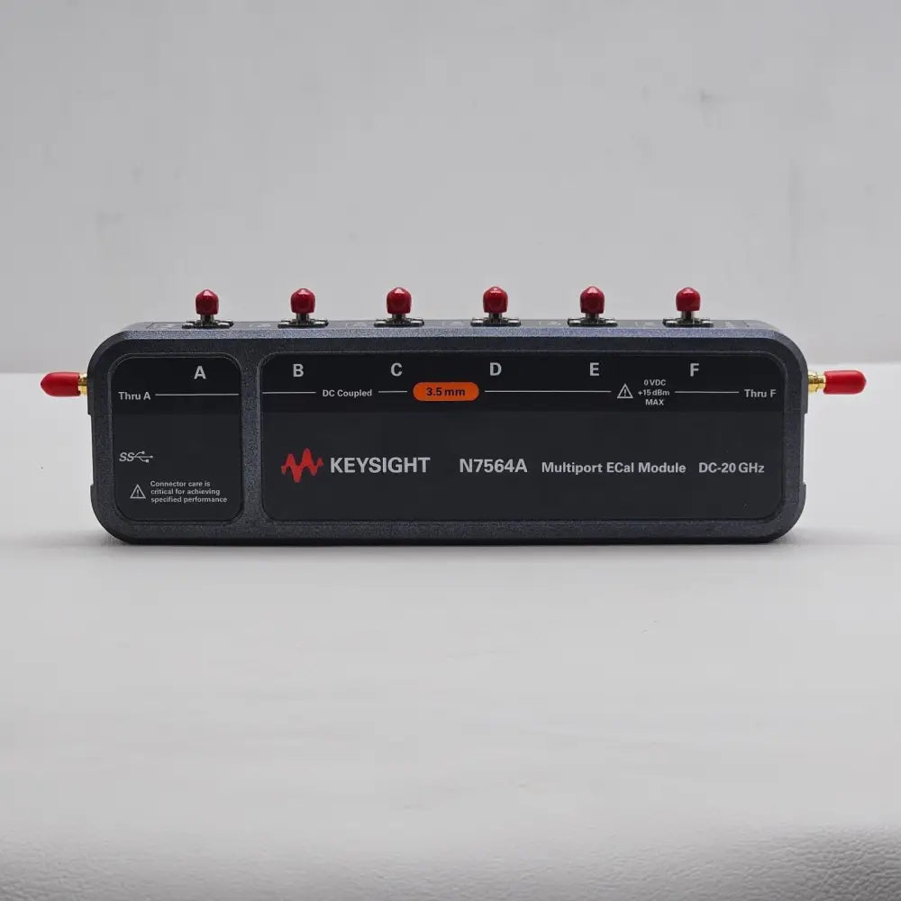 Keysight N7564A Multiport ECal Module front panel showing 6 ports A–F, 3.5 mm label, USB port and DC Coupled markings