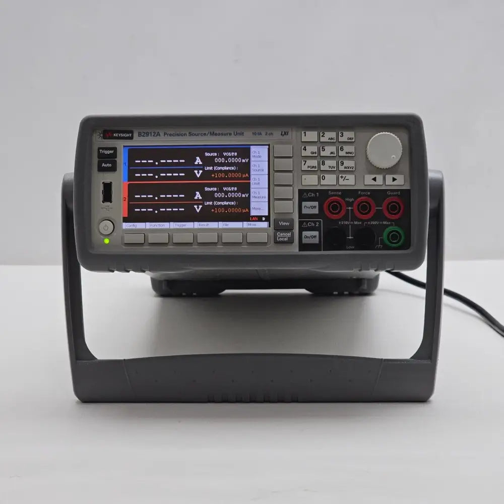 Keysight B2912A SMU front panel showing channel output terminals and navigation controls
