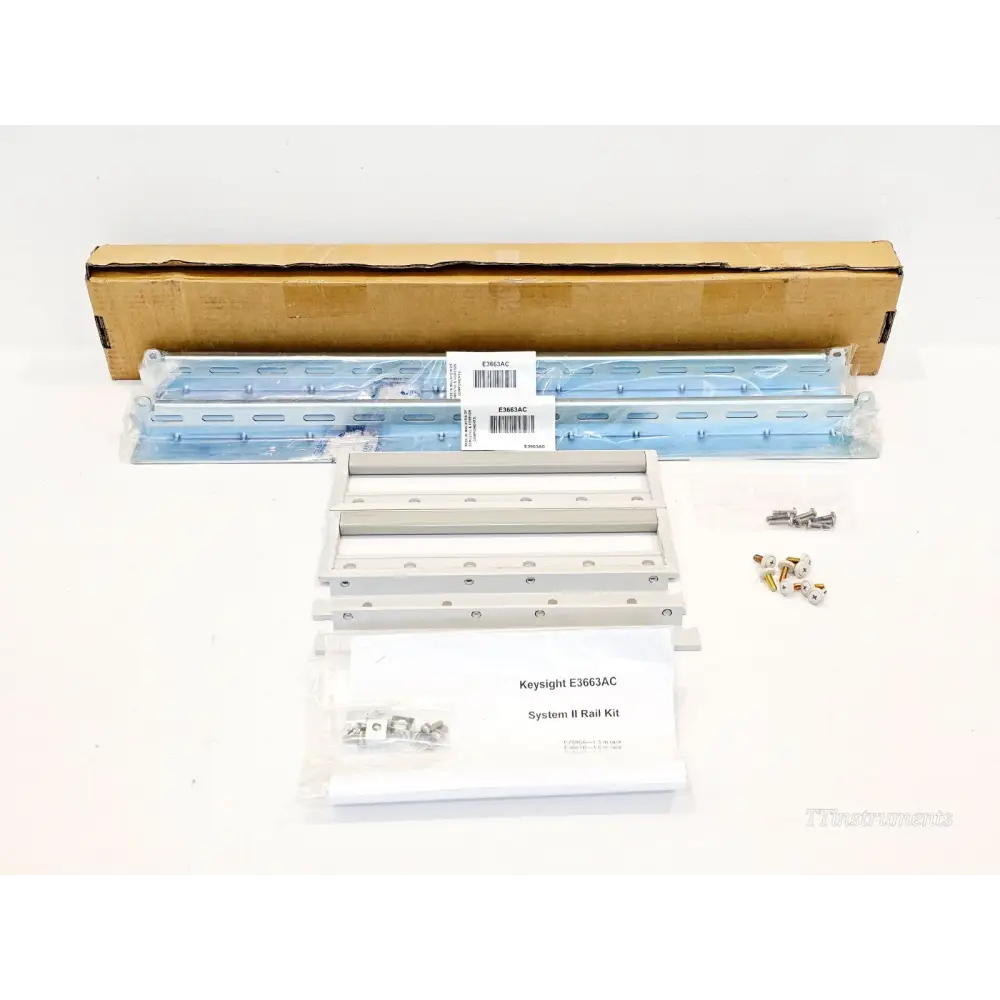 Keysight E3663AC System II Rail Kit — pair of support rails with mounting hardware, front view