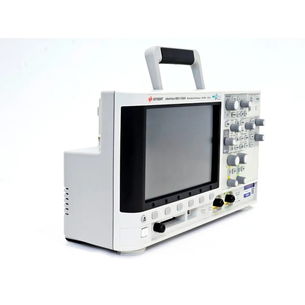 Keysight MSOX3032A left-side angle view showing 8.5-inch display, carry handle, front BNC inputs and ventilation slots