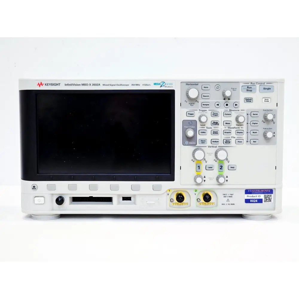 Keysight MSOX3032A front panel view with screen off showing full control panel, 2 analogue BNC inputs and 16-channel digital probe connector