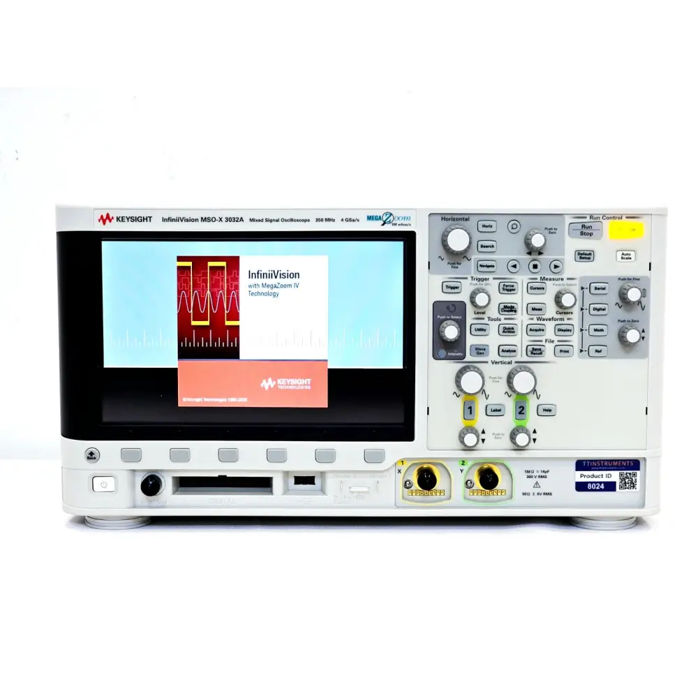 Keysight MSOX3032A front view powered on showing InfiniiVision MegaZoom IV boot screen, 2 BNC inputs and TT Instruments product ID label 8024