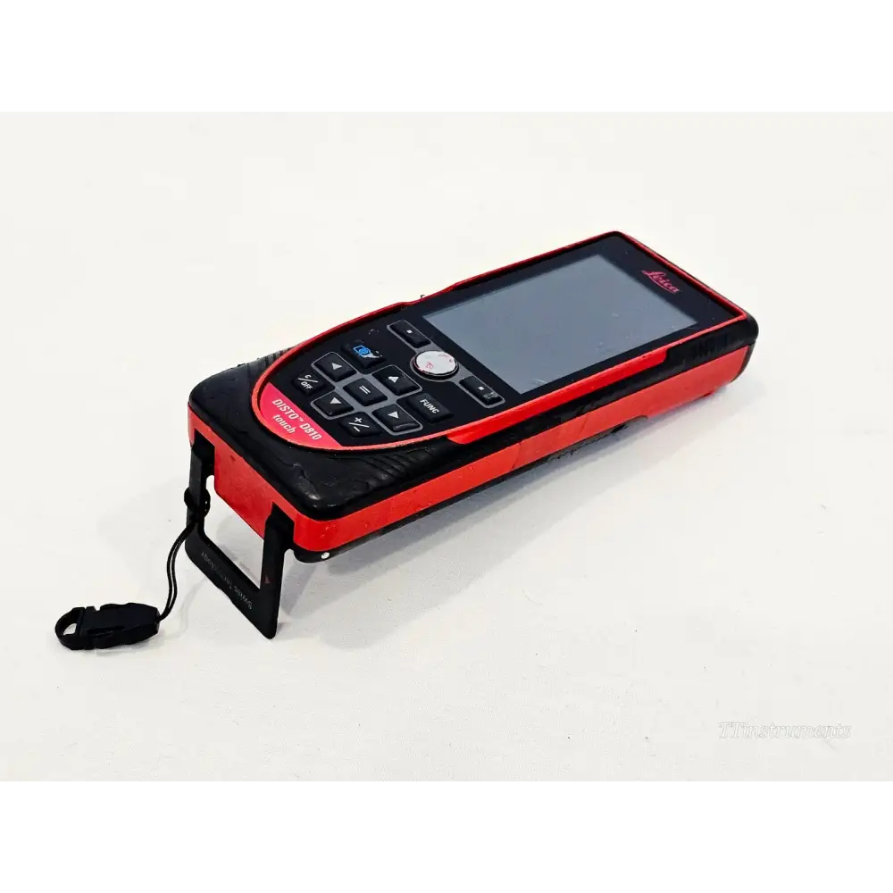 Leica DISTO D810 touch angled front view showing touchscreen, keypad buttons and folding end-piece