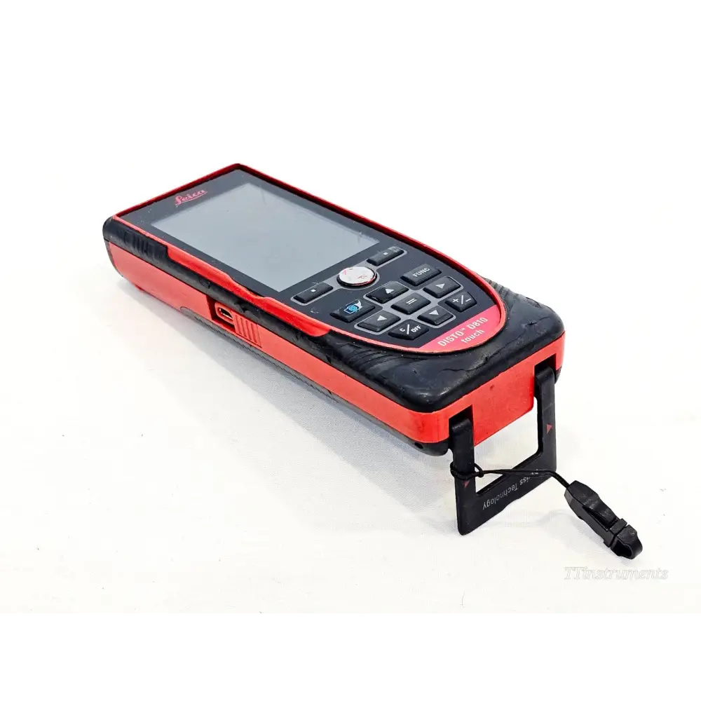 Leica DISTO D810 touch side profile showing USB port, keypad, folding end-piece and wrist strap