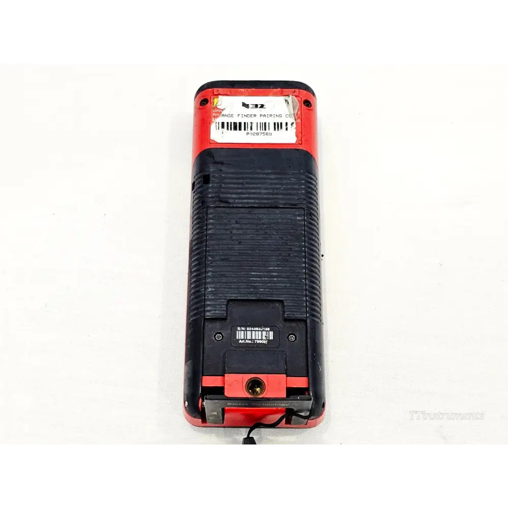 Leica DISTO D810 touch rear panel showing serial number label, tripod mount and asset tag P3287569