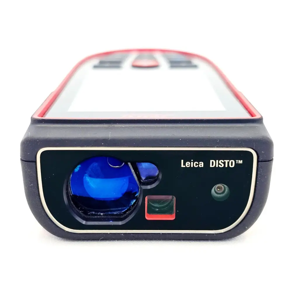 Leica DISTO D810 touch top view showing laser emitter lens, overview camera, and Leica DISTO branding panel