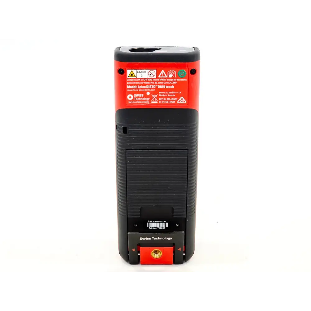 Leica DISTO D810 touch rear view showing Laser Class 2 label, Swiss Technology branding, and 1/4-inch tripod thread