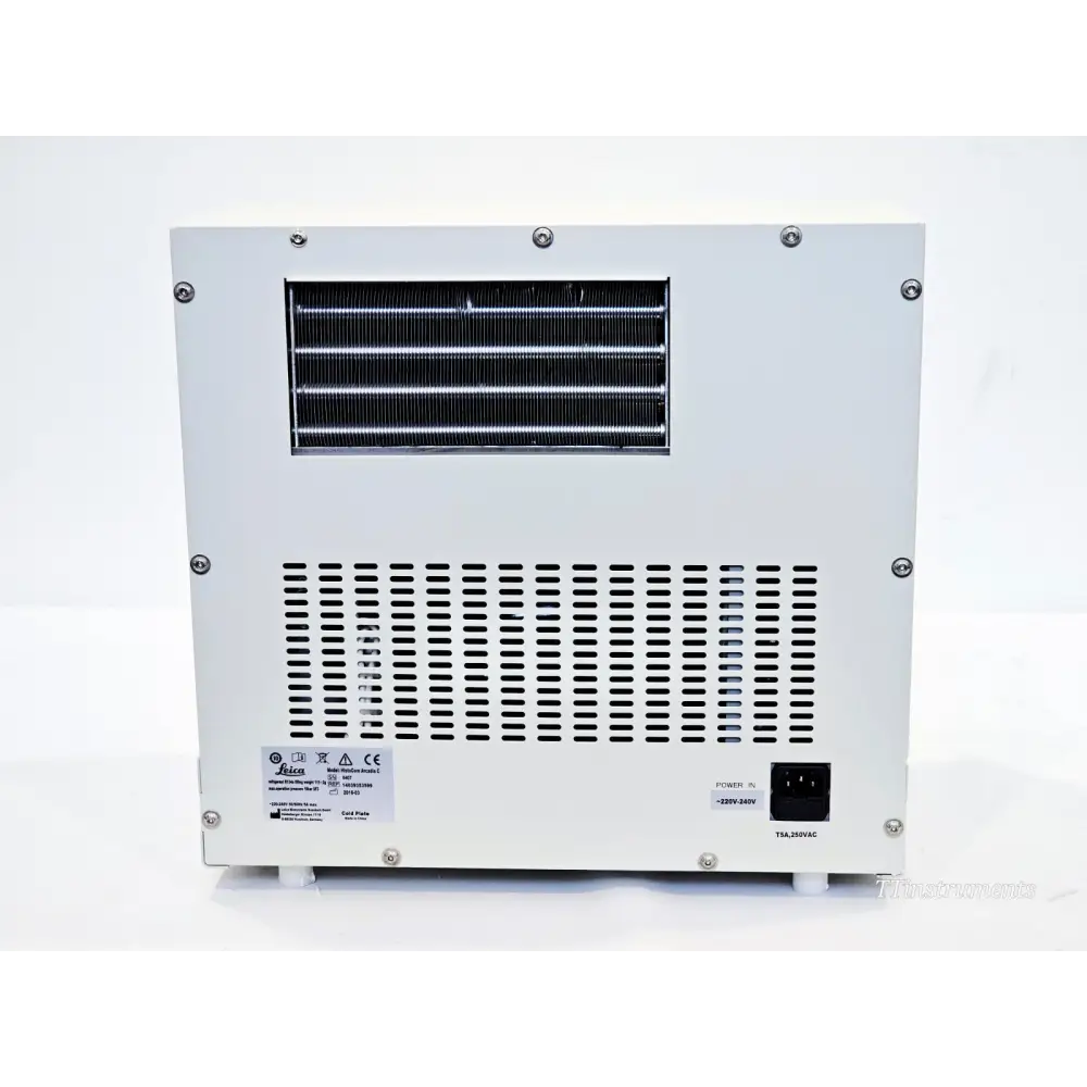 Leica HistoCore Arcadia C rear panel showing compressor heat exchanger fins, ventilation grille and IEC power inlet