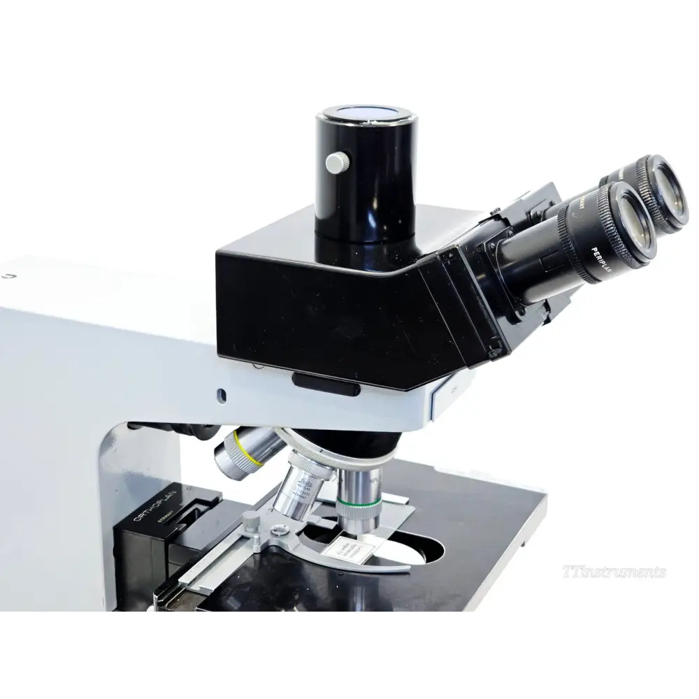 Leitz Orthoplan trinocular head close-up with photo tube, Periplan eyepieces and objectives visible on nosepiece below