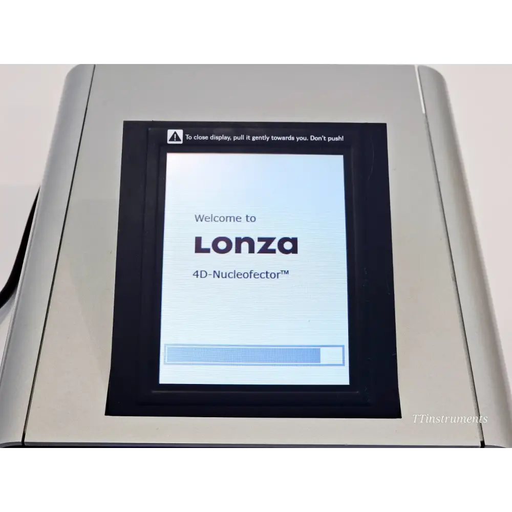 Lonza 4D-Nucleofector Core Unit touchscreen close-up showing boot screen stuck on Lonza welcome splash screen