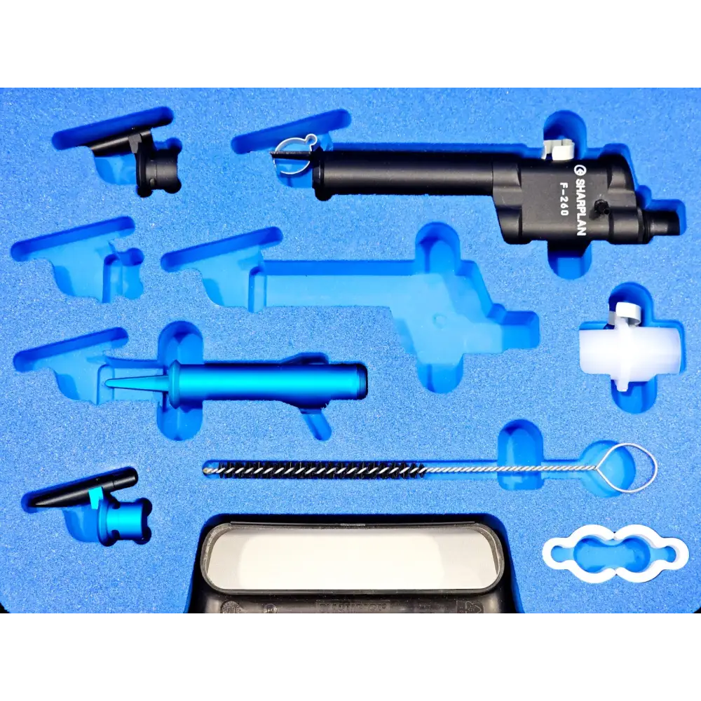 Sharplan 15100 Silk Laser handpiece set contents: F-260 handpiece, blue adapters, cleaning brush, clips and accessories