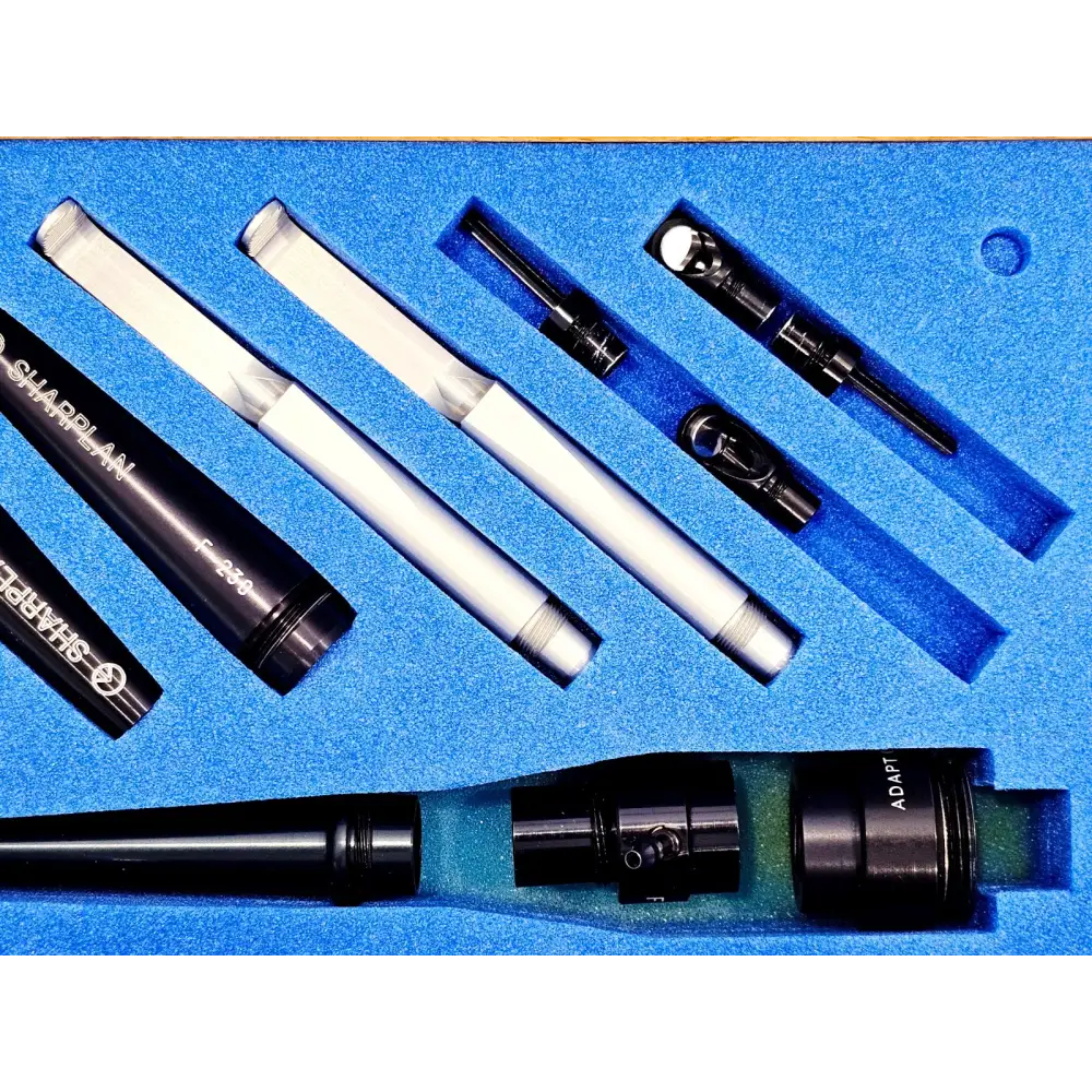 Sharplan 15201 handpiece set close-up showing F-230 barrel, white tip tubes, mirror tip and ADAPT adapter
