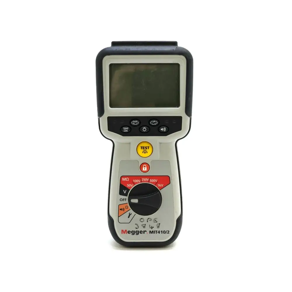 Megger MIT410/2 insulation tester top view showing terminal connections and SP5 probe socket