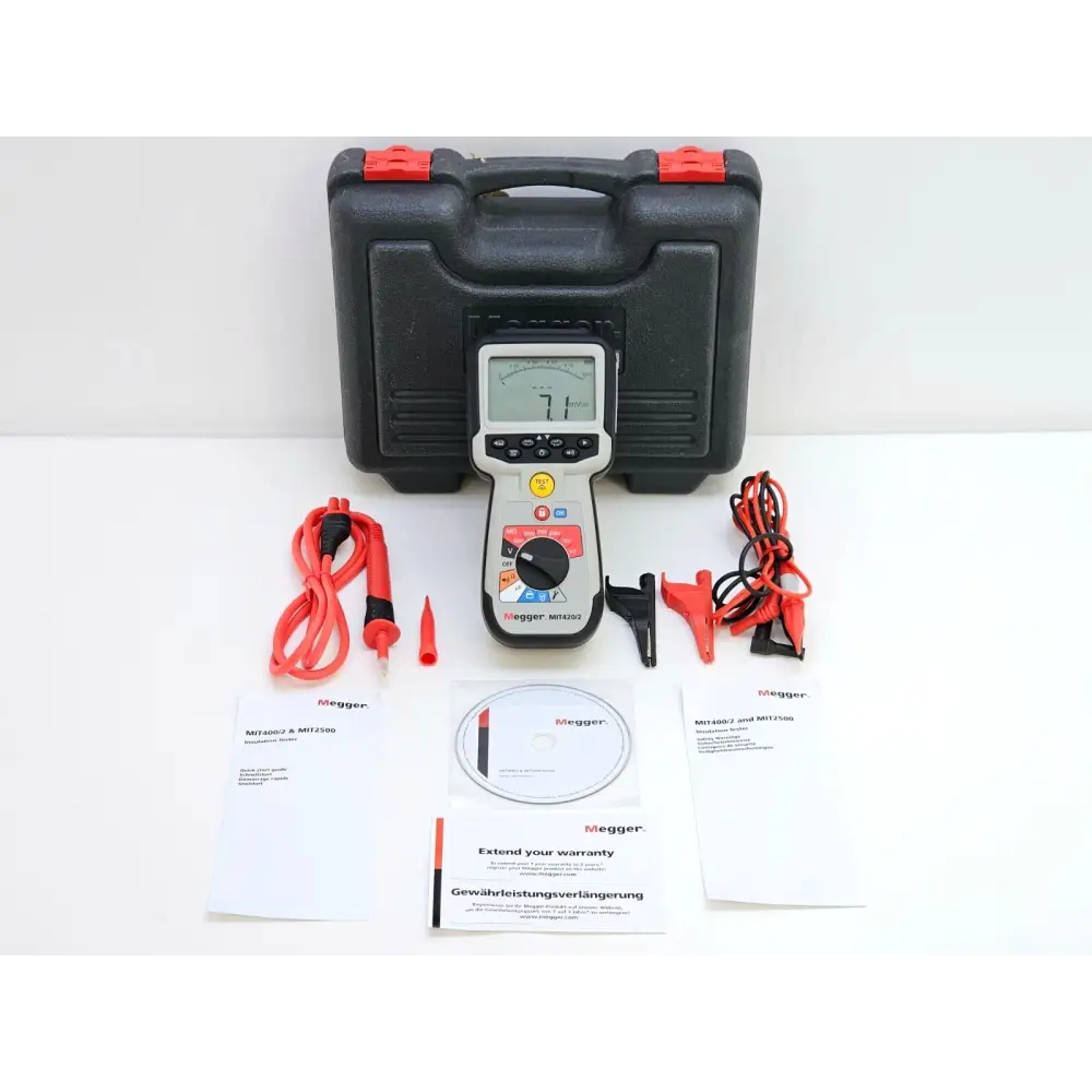 Megger MIT420/2 insulation tester front view showing rotary selector switch and dual digital display
