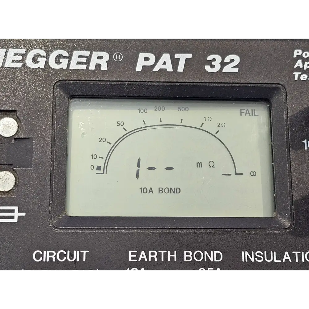 Megger PAT32 portable appliance tester showing fuse check and circuit test controls