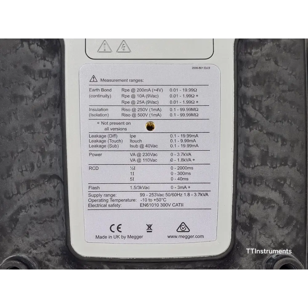 Megger PAT420 test lead connection area close-up with labelled probe and earth bond sockets