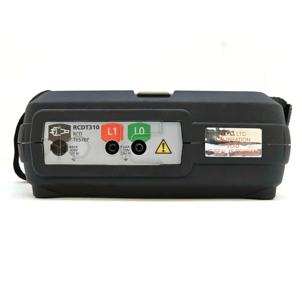 Megger RCDT310 RCD tester connection panel detail showing mains plug test lead socket and phase, neutral and earth terminals