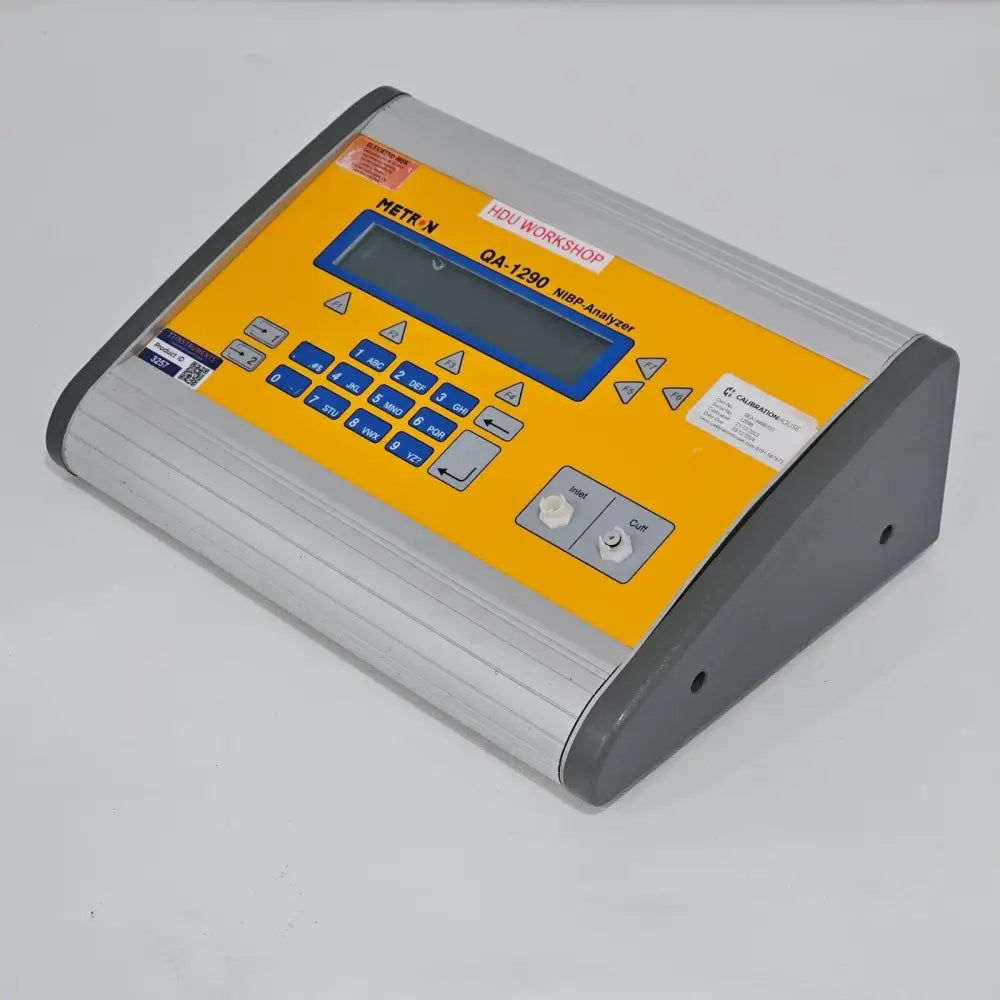 Metron QA-1290 NIBP Analyser rear panel with RS-232 interface and pressure connections