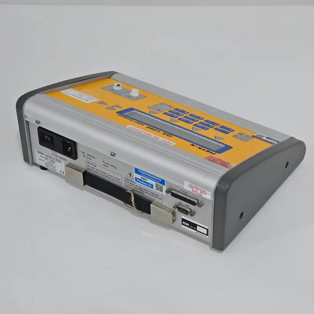 Metron QA-1290 NIBP Analyser display screen showing BP test menu