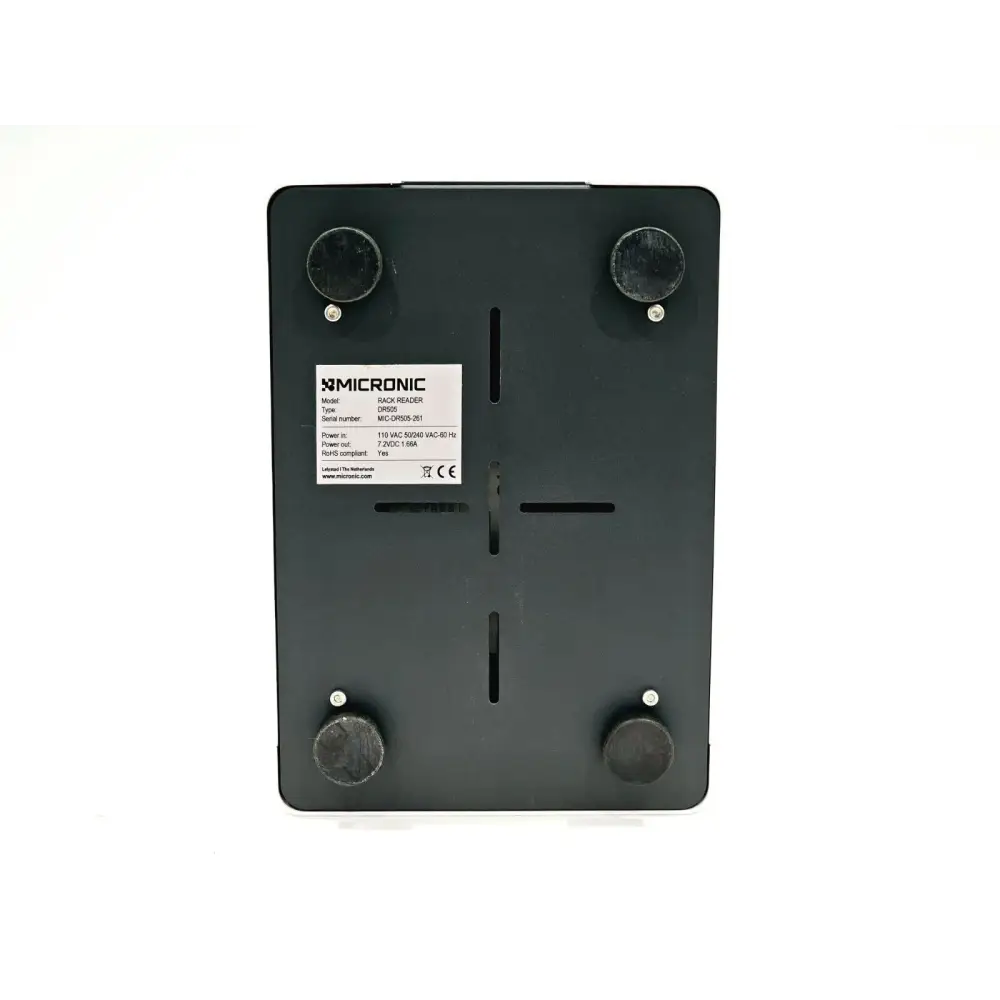 Micronic DR505 Rack Reader base label showing model DR505, serial MIC-DR505-261, 110/240VAC power specs, RoHS compliant