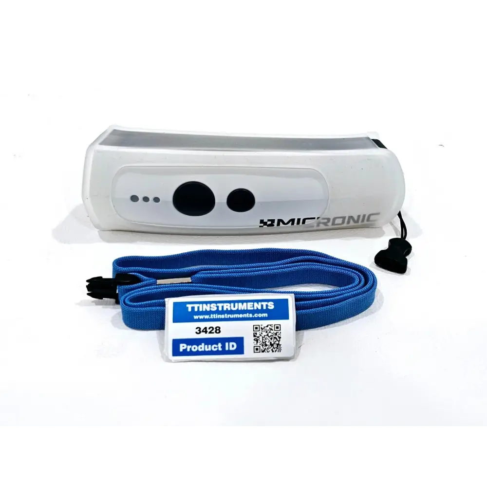 Micronic DT300 2D Bluetooth Tube Reader MP55127 front view with lanyard and TTInstruments product ID tag