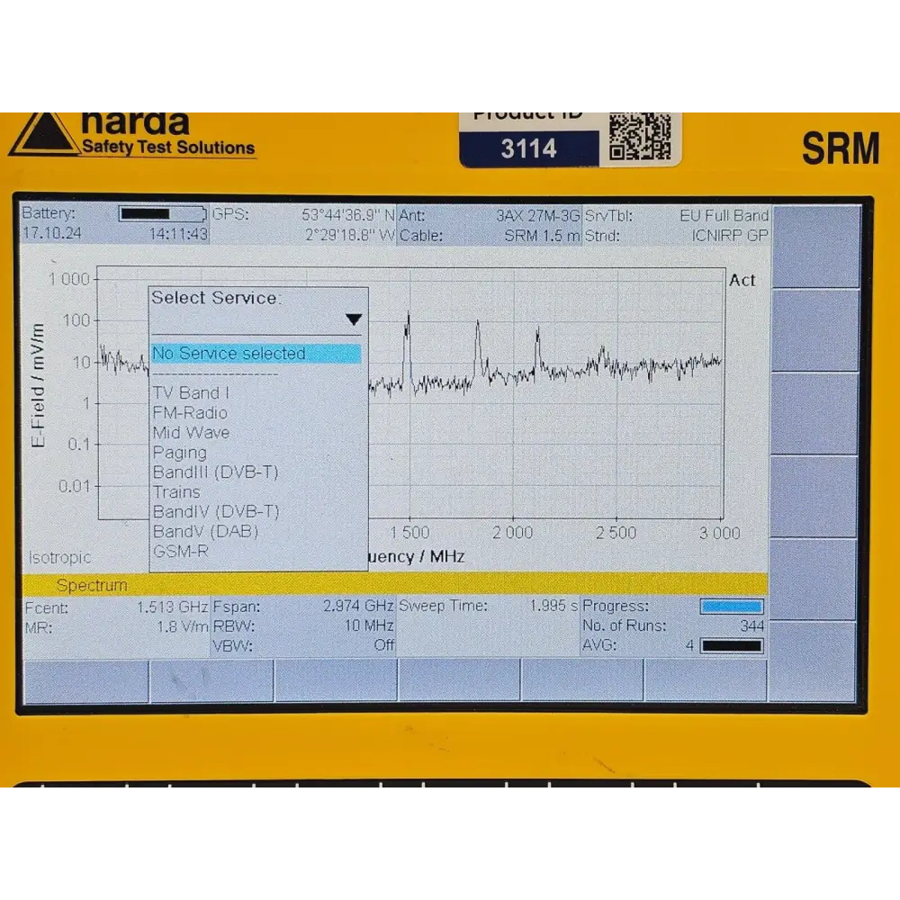 Narda SRM-3006 with 3501/03 probe mounted on unit ready for handheld field measurement