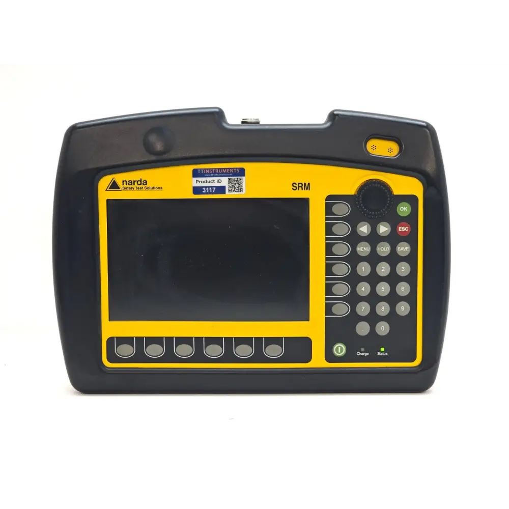 Narda SRM-3006 front panel showing LCD display, keypad, TT Instruments product ID label 3117