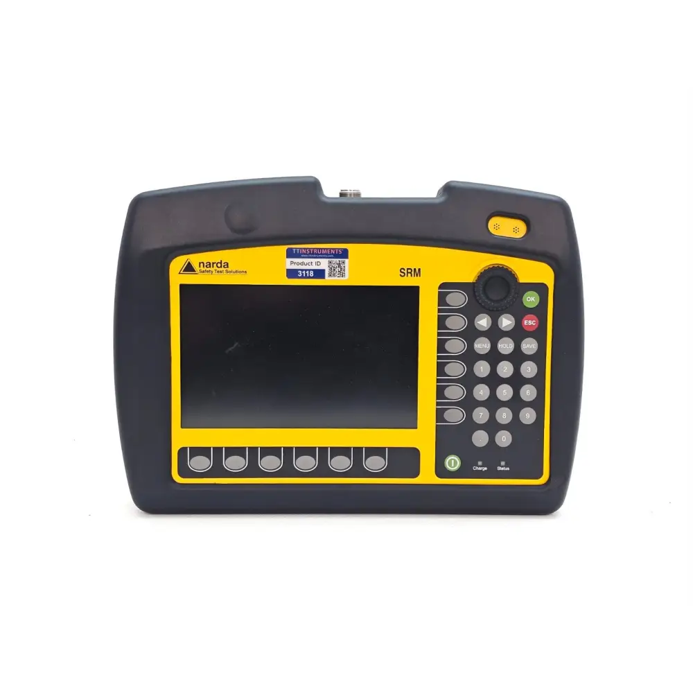 Narda SRM-3006 platform 3006/01 handheld EMF meter showing LCD display and keypad