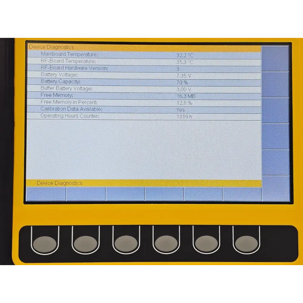 Narda SRM-3006 LCD screen displaying spectrum analysis mode with frequency vs field strength plot