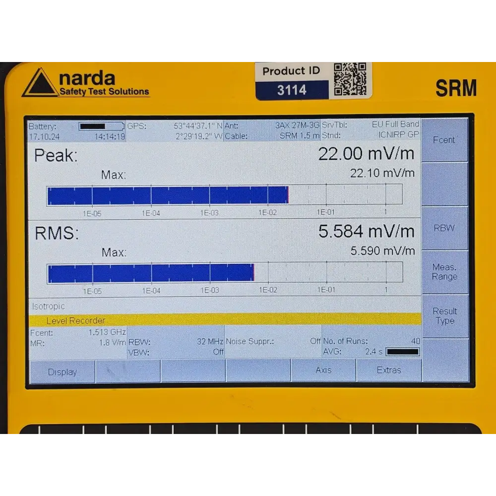 Narda SRM-3006 Scope mode display showing pulsed signal capture with microsecond time resolution