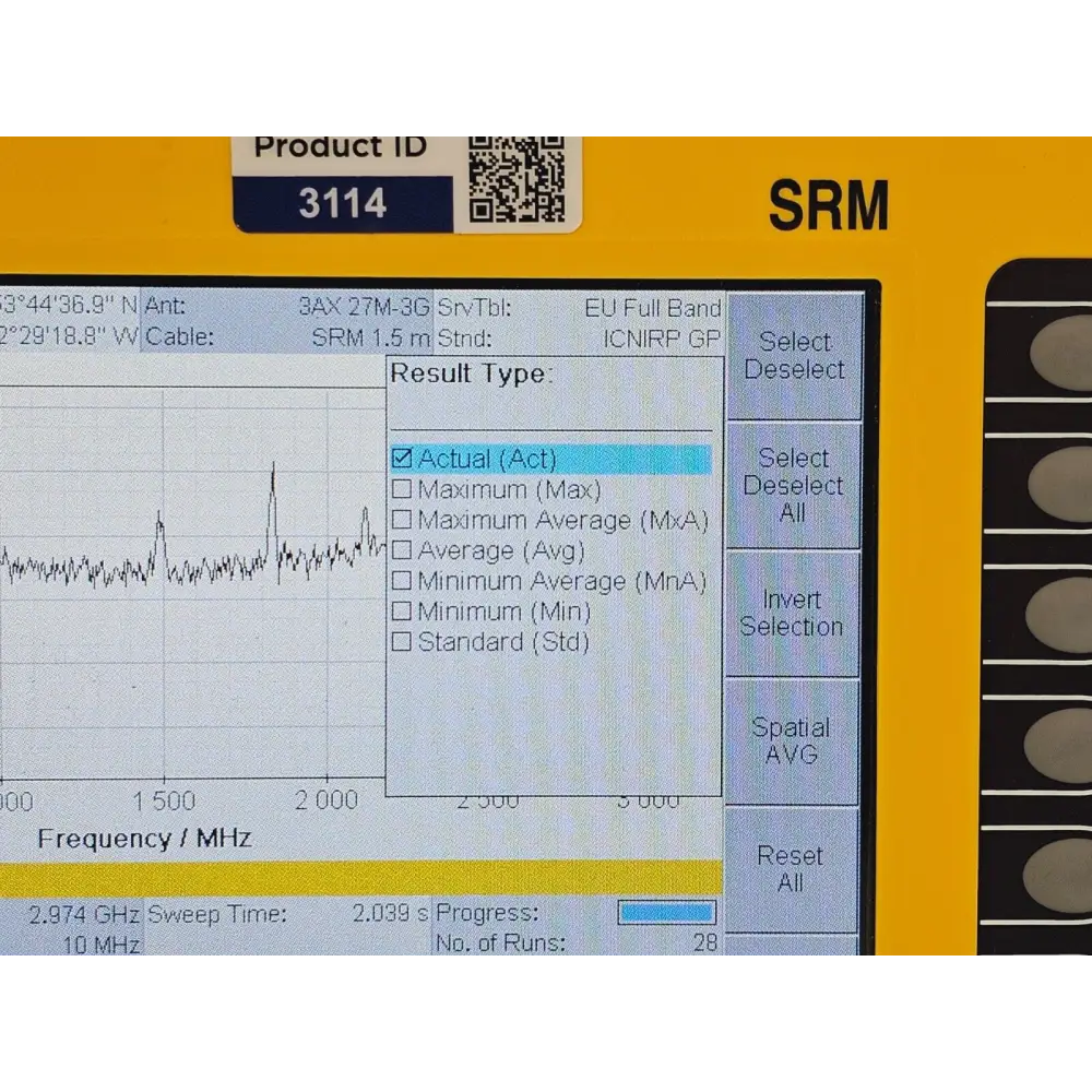 Narda SRM-3006 display showing run hours counter and device information screen