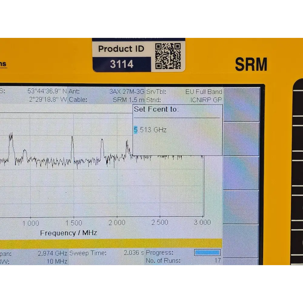 Narda SRM-3006 top view showing rotary selector, softkeys and navigation controls