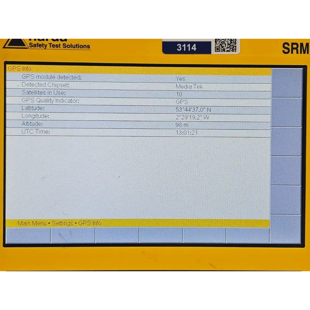 Narda SRM-3006 display showing spectrum analysis mode with signal peaks across frequency span