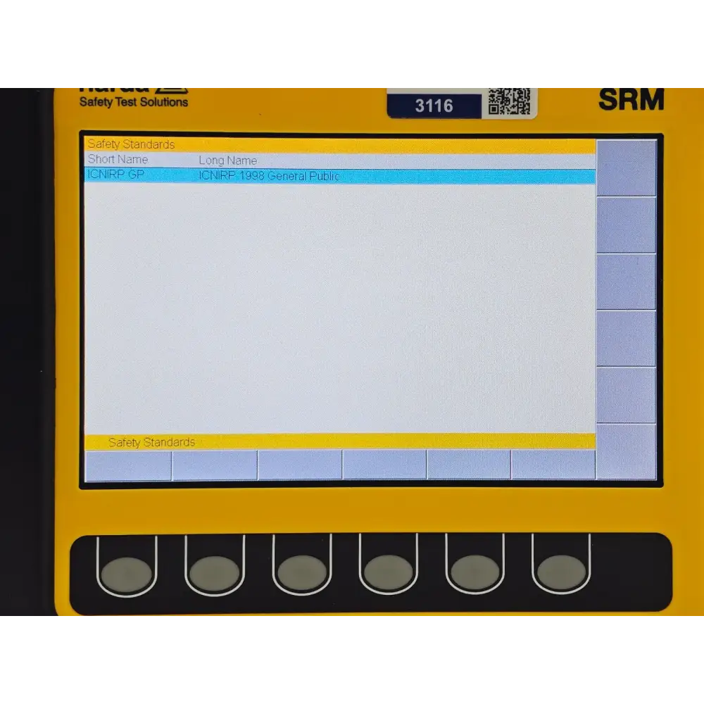 Narda SRM-3006 LCD screen close-up showing field strength reading in V/m