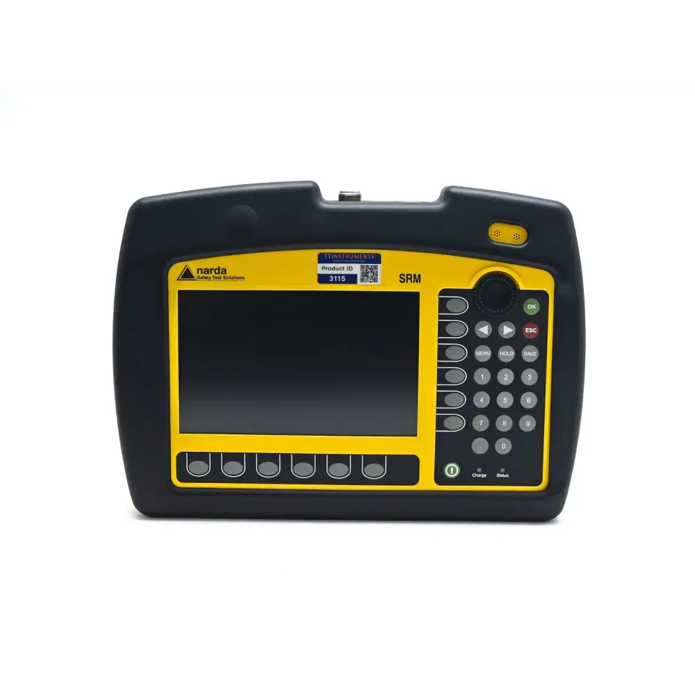 Narda SRM-3006 front panel view showing LCD display, keypad, Product ID label 3115 and speaker