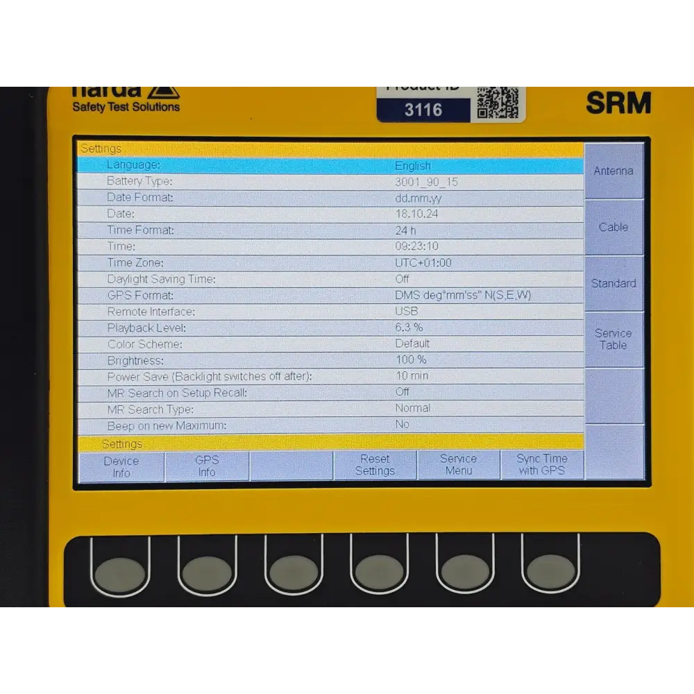 Narda SRM-3006 and 3501/03 probe separated, showing cable connection