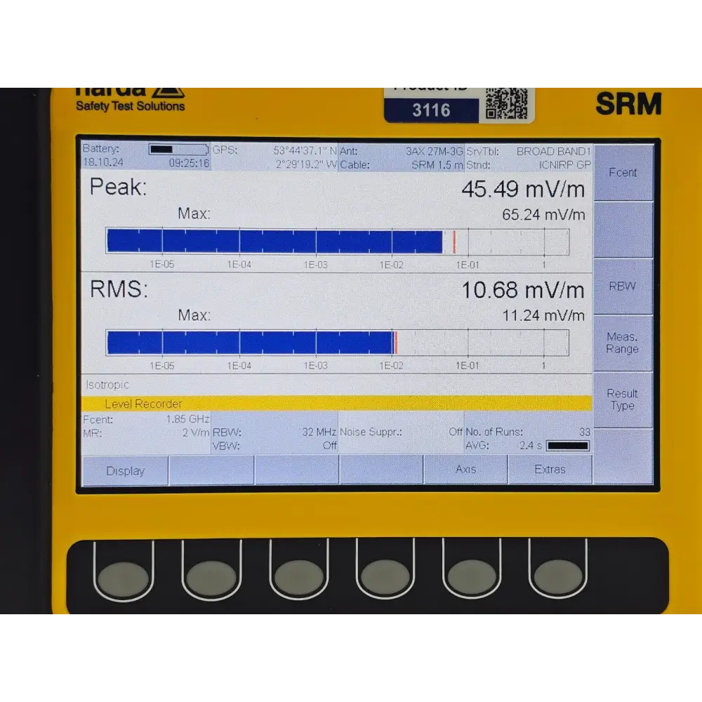 Narda SRM-3006 display showing Safety Evaluation results table against ICNIRP limits