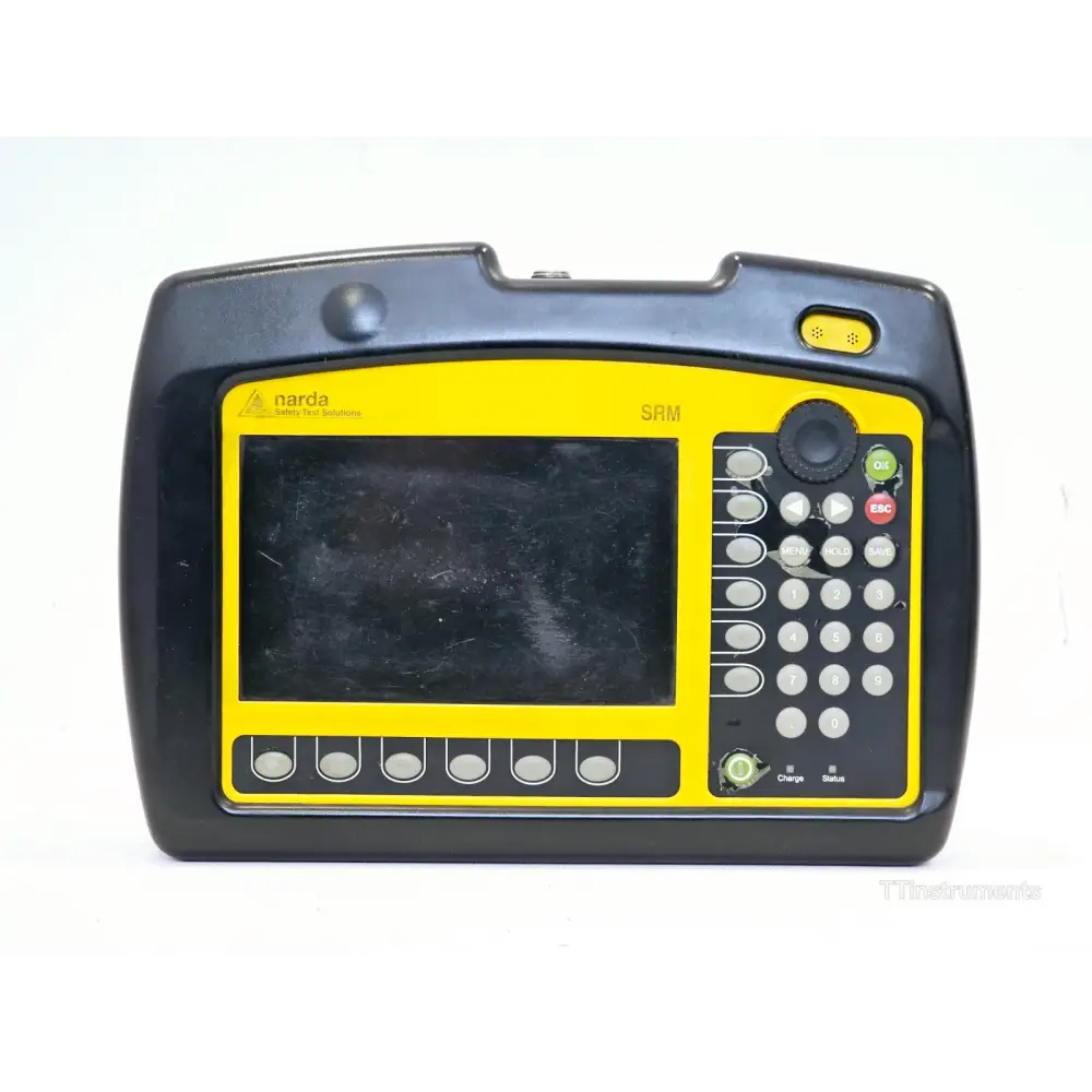Narda SRM-3006 selective radiation meter front view showing LCD display, keypad, and yellow-black housing