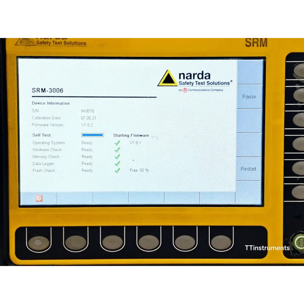 Narda SRM-3006 boot screen showing S/N M-0015, calibration date 07.05.21, firmware V1.5.2, all self-tests passed