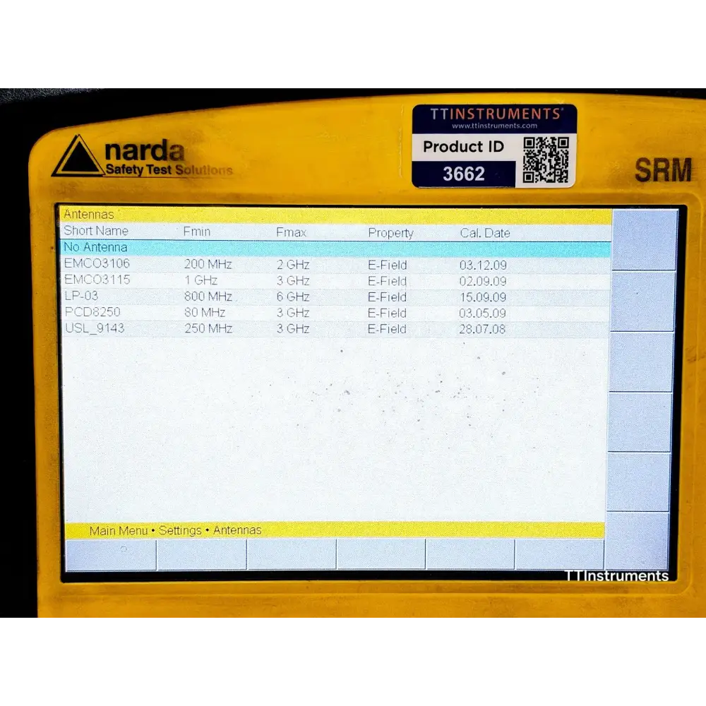 Narda SRM-3006 unit powered on displaying startup screen and Narda branding