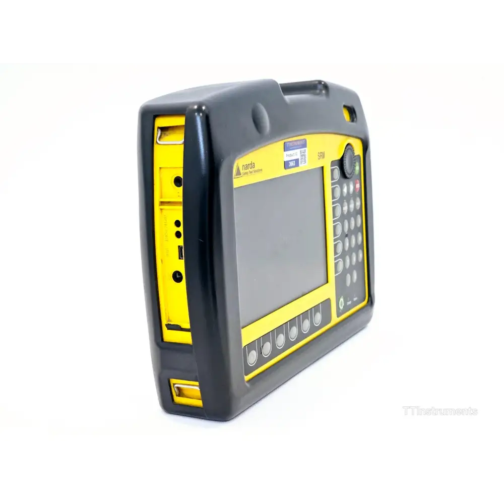 Narda SRM-3006 left side panel showing battery compartment and charging socket