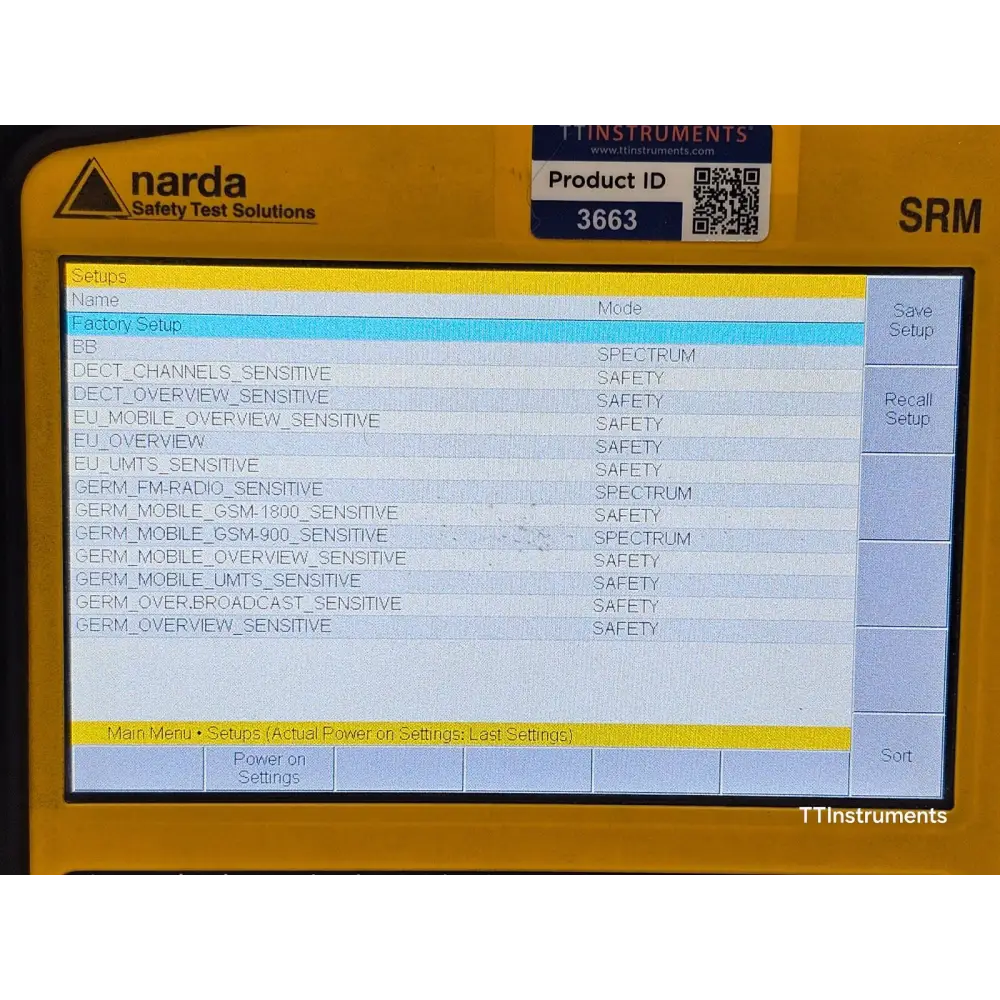 Narda SRM-3006 close-up of instrument serial number and calibration label