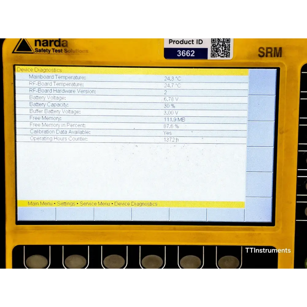 Narda SRM-3006 unit tilted to show ergonomic handle and antenna mounting area