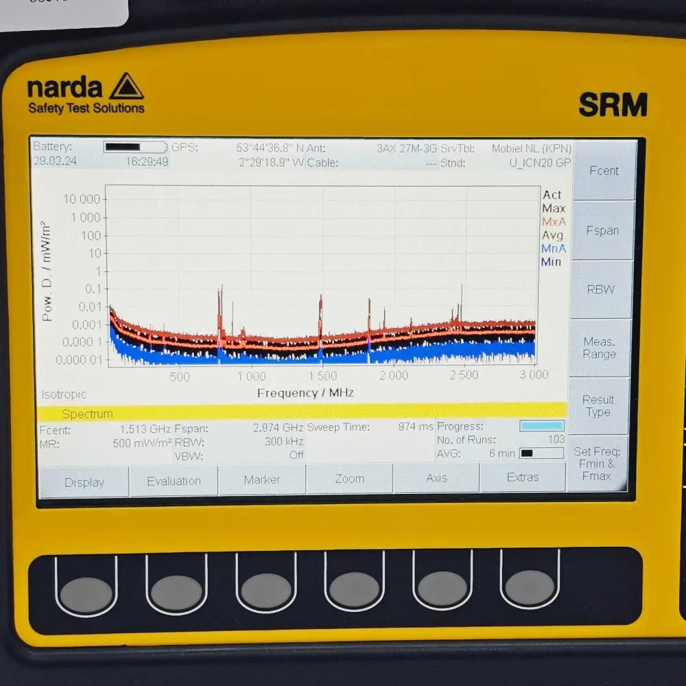 Narda SRM-3006 selective radiation meter angled three-quarter view showing form factor