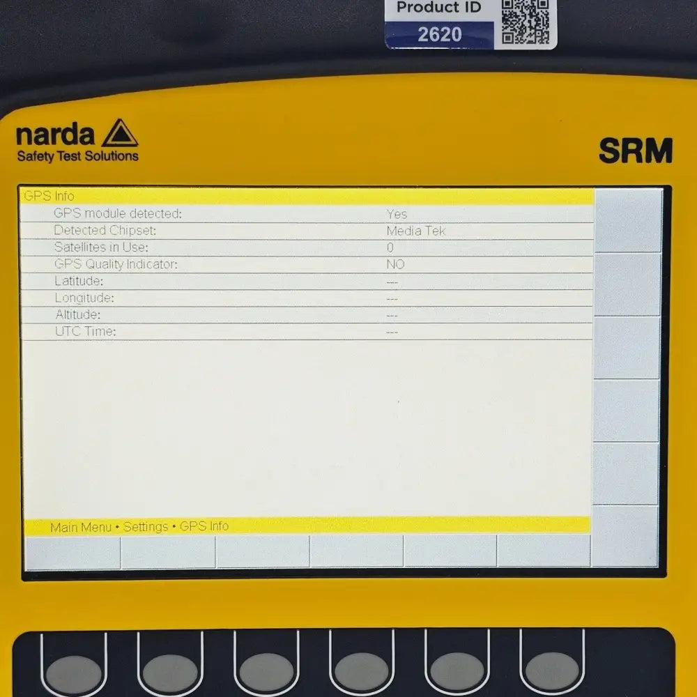 Narda SRM-3006 battery compartment open showing rechargeable battery pack