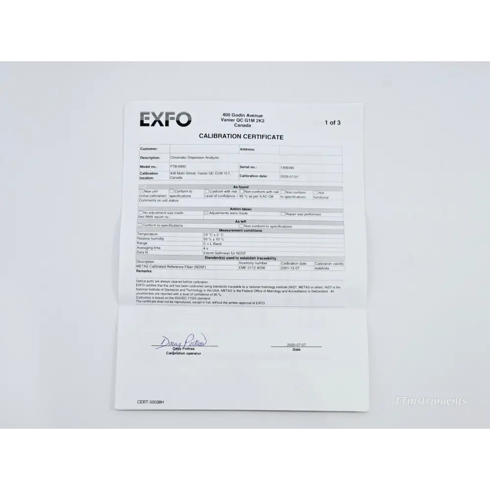 EXFO FTB-5800 Chromatic Dispersion Analyser module label detail showing model number and serial information
