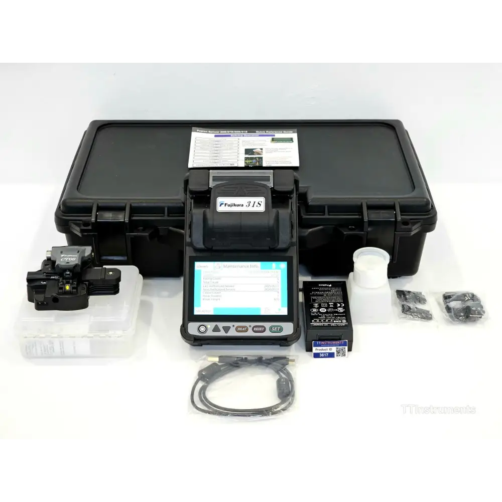 Fujikura 31S fusion splicer front view showing 5-inch colour touchscreen and wind protector